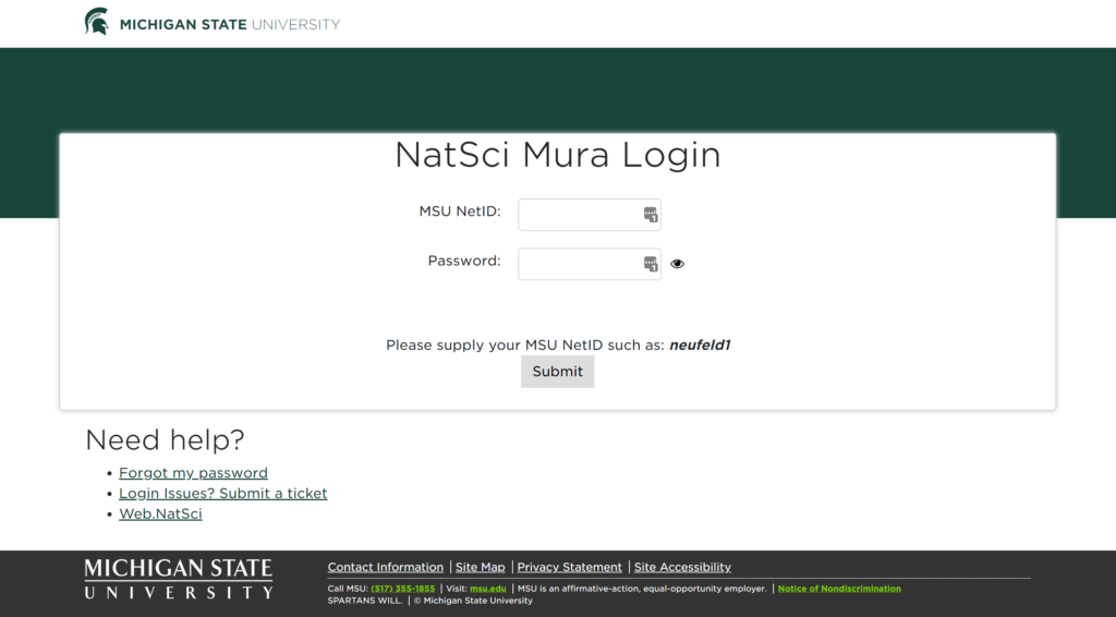 Screenshot of the Single Sign-On form for the College of Natural Science's web content management system