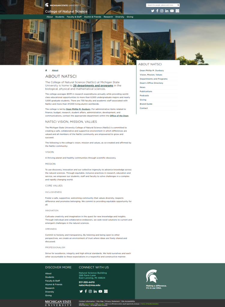 Screenshot of the College of Natural Science About page at Michigan State University from the 2019/2020 redesign.