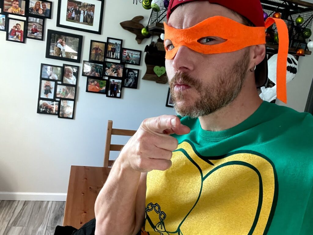 Jesse dressed as a Ninja Turtle