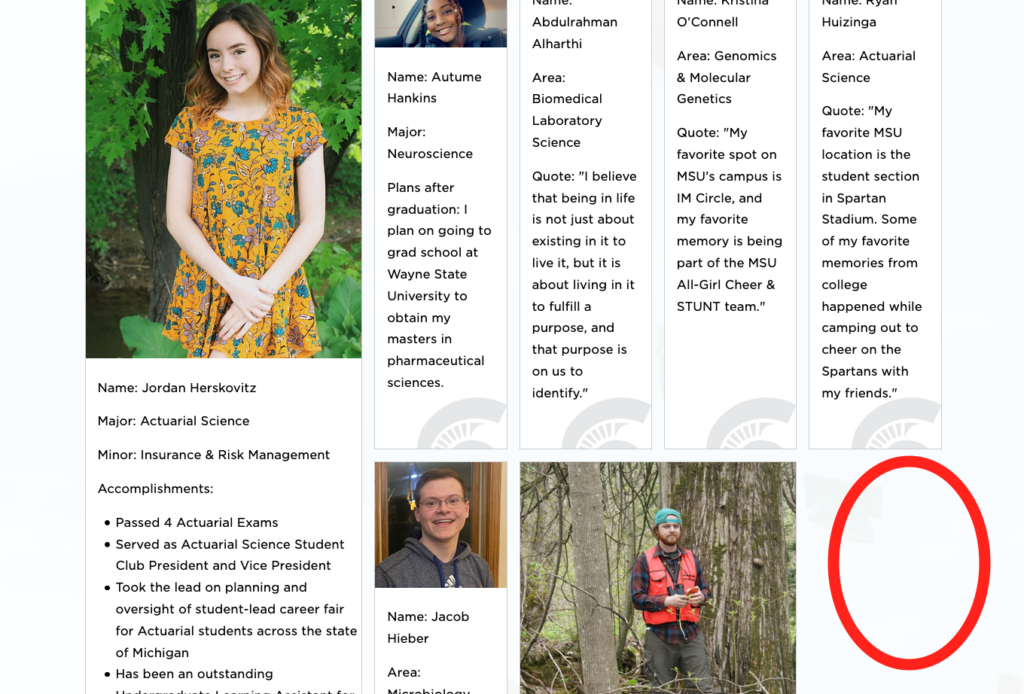 Screenshot of the NatSci graduation website Student Highlights page showing a hole in the grid