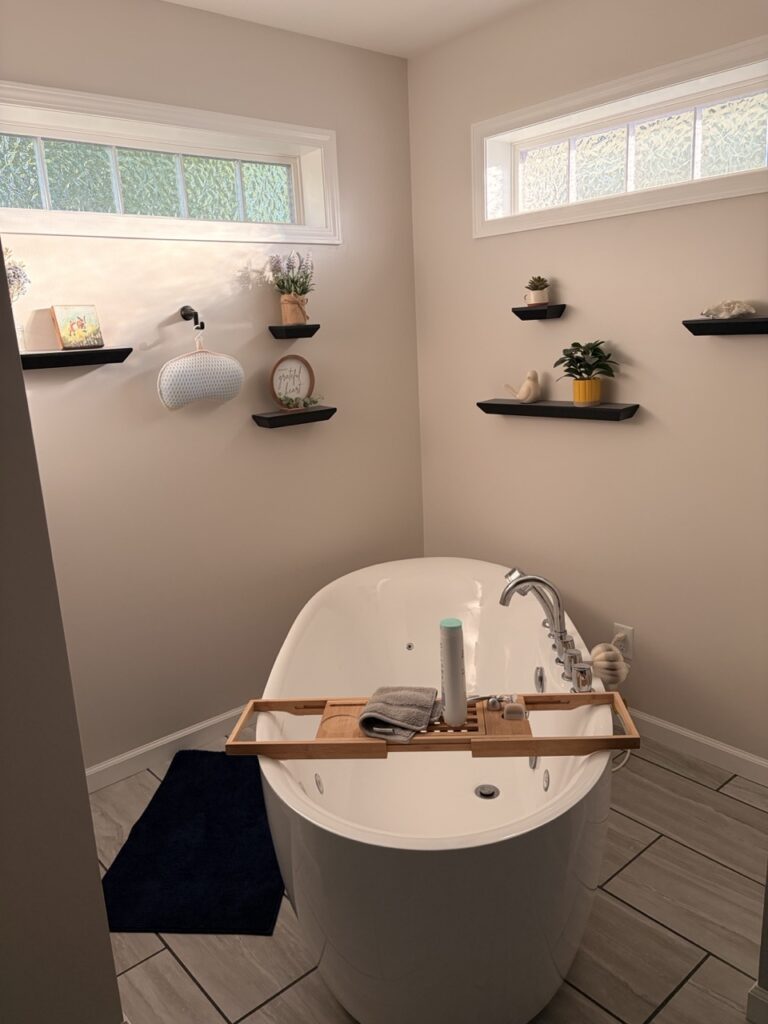 image of tub area with sun setting.